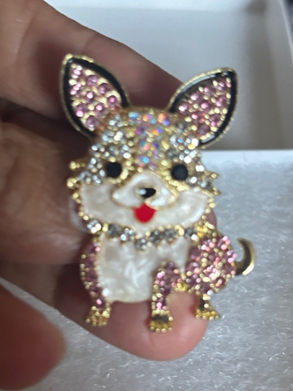Crystal Chihuahua Pin - Pink and White Puppy Brooch